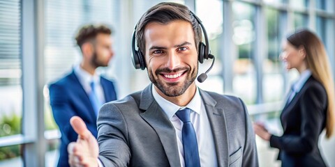 With a warm smile, the customer support representative offers a handshake at the desk, promoting positive engagement