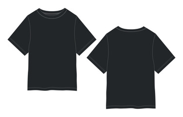 Short sleeve T shirt Technical Fashion flat sketch vector illustration  Black color template front and back views. Clothing design mock up for men's isolated on white background.