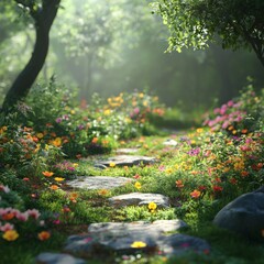 Sunlit Stone Path Through a Lush Wildflower Meadow