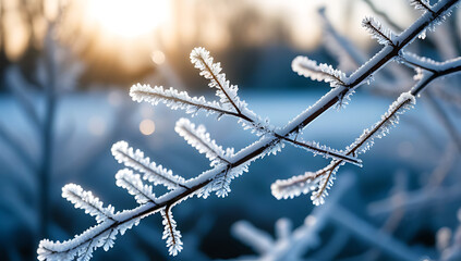 Obraz premium frozen twigs hoarfrost glistening sunlight creating winter landscape