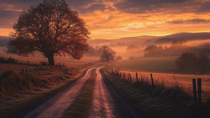 Sunset rural road scene with a large tree on the left, winding path leading through misty fields. Vibrant orange and purple skies, tranquil countryside setting with distant hills and fog.
