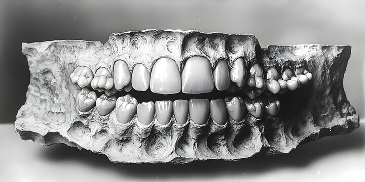 Surrealistic Dental Art Sculpture: A Detailed Cast of Upper and Lower Teeth with Emphasized Molar and Incisor Structures, Capturing the Textured, Organic Look of Bone and Teeth in Black-and-White