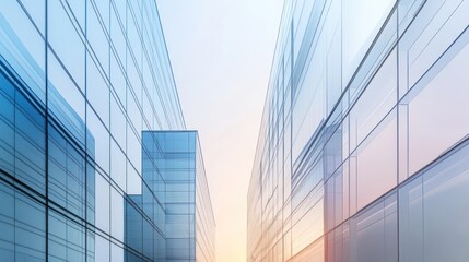 Modern Architecture: Glass Facade of a City Skyscraper with Sunset Reflections.
