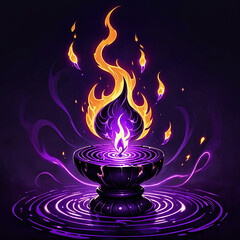 A mystical fountain with vibrant purple and orange flames.