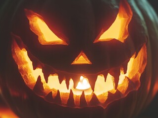 Fototapeta premium A sinister jack-o'-lantern with jagged teeth glows eerily in the darkness on Halloween night