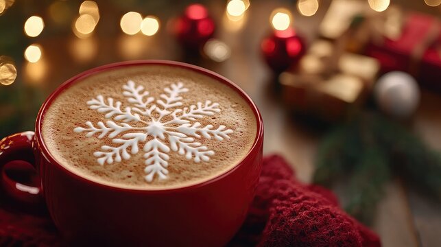 
Latte art of a snowflake in a red coffee cup, with Christmas lights softly glowing in the background and a cozy holiday setting