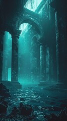 Mythic submerged ruins illuminated by bioluminescence, 4K hyperrealistic photo