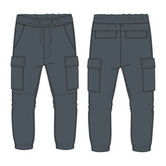 Fleece fabric Jogger Sweatpants technical drawing fashion flat sketch vector illustration black color template front, back views.