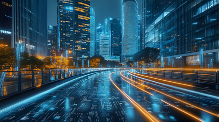 Obraz premium Digital Cityscape with Data Flow