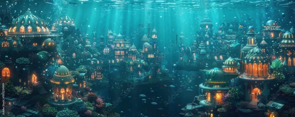 Poster Vibrant underwater city with bioluminescent buildings and marine life, 4K hyperrealistic photo