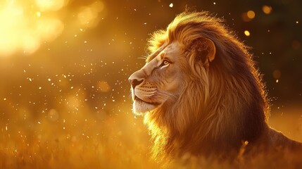Naklejka premium Majestic Lion in a Golden Landscape at Sunset