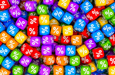 Backdrop from colored Discount Cubes, dice with percent signs. 3D rendering