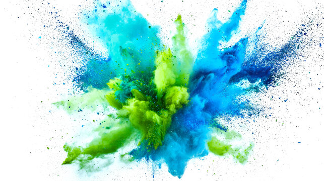 A bright explosion of green and blue paint. The colors are bright and the paint is splattered all over the white background. The scene is energetic and dynamic, as if the explosion is still going on