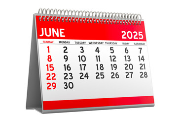 June 2025 Desk Calendar, 3D rendering isolated on transparent background