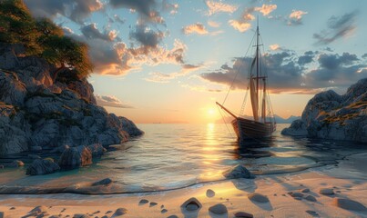 Wooden schooner anchored near a secluded, sandy cove at sunset, 4K hyperrealistic photo