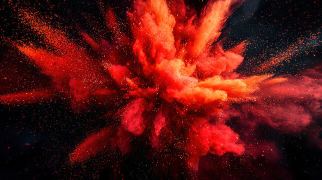 An artistic abstract image of a female orgasm. A red explosion in the sky on a black background. Red dust and particles of holi colors scatter all over the background
