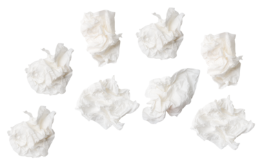 Top view set of screwed or crumpled white tissue paper ball isolated with clipping path in png file format