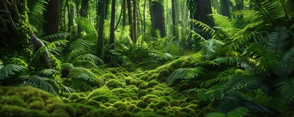 Lush forest with vibrant green moss and ferns, 4K hyperrealistic photo,