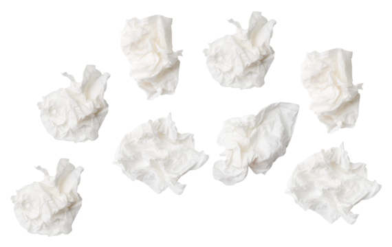 Top view set of screwed or crumpled white tissue paper ball isolated with clipping path in png file format