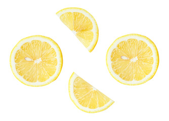 Fototapeta premium Top view set of fresh ripe yellow lemon fruits in halves and slices or quarters isolated with clipping path in png file format