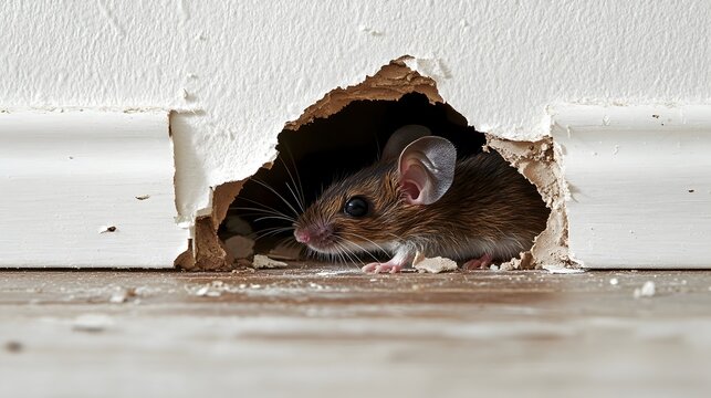 Chewed Hole in White Wall Revealing Rodent Shelter Entrance