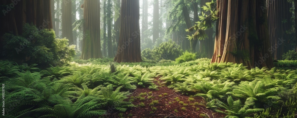 Sticker Ancient redwood forest with towering trees and fern-covered ground, 4K hyperrealistic photo