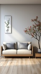 Home interior with gray sofa and white wall mock up, Scandinavian style, 3d 