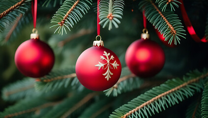 Obraz premium red christmas baubles hanging fir branches creating classic holiday look