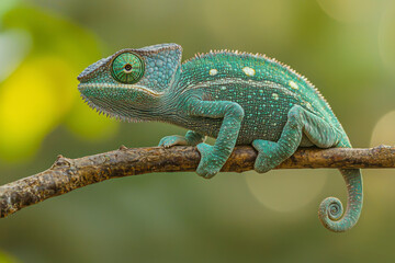 Obraz premium A green chameleon on a branch in the garden of Sri Lanka.