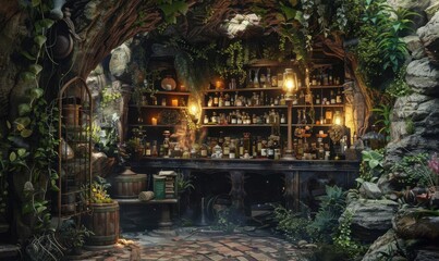 Mystical apothecary nestled in a hidden valley, 4K hyperrealistic photo