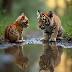 A kitten with a tiger cub near the water.