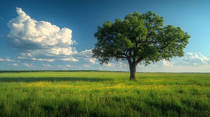 Majestic Tree and Fluffy Clouds in a Lush Pastoral Meadow on a Sunny Summer Day