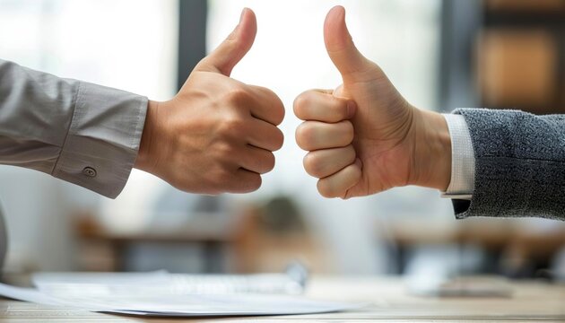 Two business people giving each other a thumbs up.