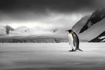 Obraz premium Lonely penguin against the backdrop of an icy landscape