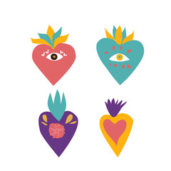Mexican sacred hearts with flame set. Hearts with eye and flowers - for stickers and patches in retro colors.