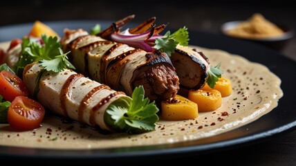 Middle Eastern food in the form of shawarma served on a beautiful black plate