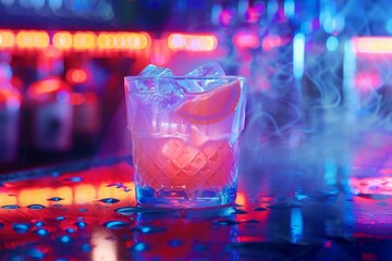 Glass of cocktail with ice and orange slice on bar counter. Colorful neon lights and smoke in background. Nightlife and clubbing concept. Generative AI