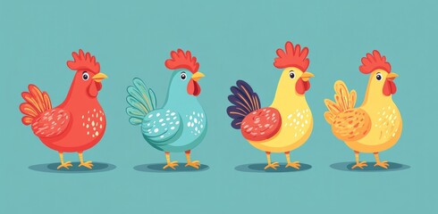 April Fools' Day, cartoon funny chickens, vector illustration, flat design, cute and colorful background