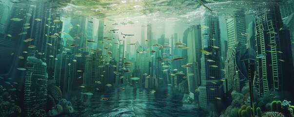 Deep-sea city with advanced architecture and schools of fish swimming by, 4K hyperrealistic photo