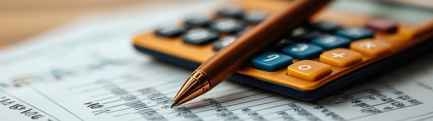 Close-up of a calculator and pen on financial documents, depicting calculation and analysis in a professional setting.