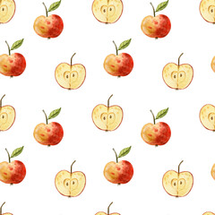 Seamless pattern with apple fruit and leaves. Watercolor hand drawn illustration. Apple fruit background