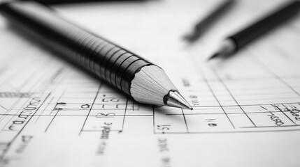 Close-up of a textured pen resting on organized paper with detailed charts, perfect for office, writing, and business themes.