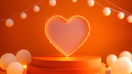 stage podium decorated with heart shape lighting, Pedestal scene with for product, advertising, show, award ceremony, on orange background ,Valentines day background, Minimal style
