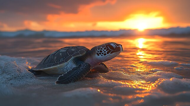 A conservationist releasing a sea turtle into the ocean, with the sun setting over a sandy beach.