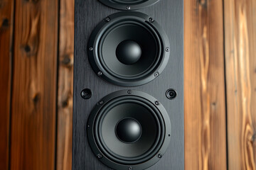 Multimedia speaker system with different speakers closeup over wooden background.