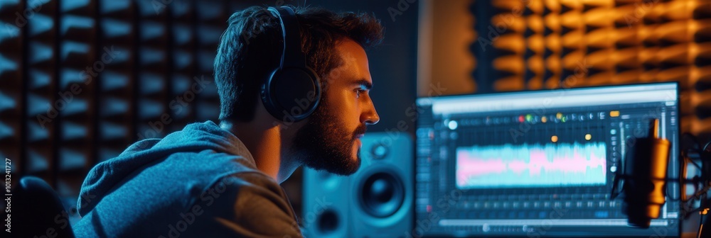 Poster a dedicated podcaster engages in recording, surrounded by high-quality audio gear in a soundproof st