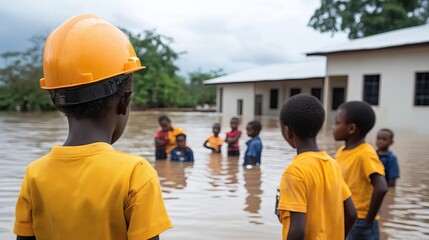 A flooded school being cleaned and repaired, children watching volunteers, Flood Restoration, Education recovery post-flood