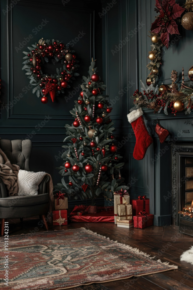 Sticker Christmas tree adorned with red and gold ornaments stands next to a cozy fireplace with a chair beside it.