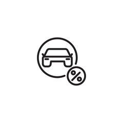 Car with percentage. Car and percent symbol. Car icon within a circle and a percentage symbol, representing a car loan or discount. Auto loan rate.