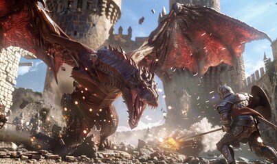 Obraz premium Knights in shining armor defending a castle from a dragon attack, 4K hyperrealistic photo